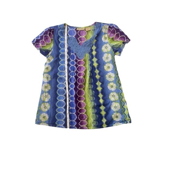 Short Sleeve Tie Dye Floral Multicolor Tie Back Tunic Top Artsy Size Small - Picture 7 of 7